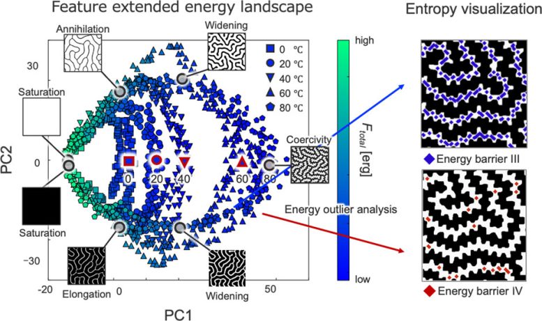Entropy Extended Free Energy Landscape Reveals Magnetization Reversal in Maze Domains