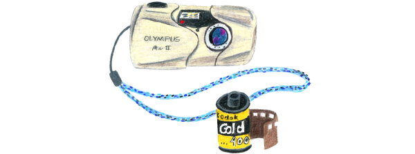 An illustration of an Olympus brand camera and a roll of Kodak film.
